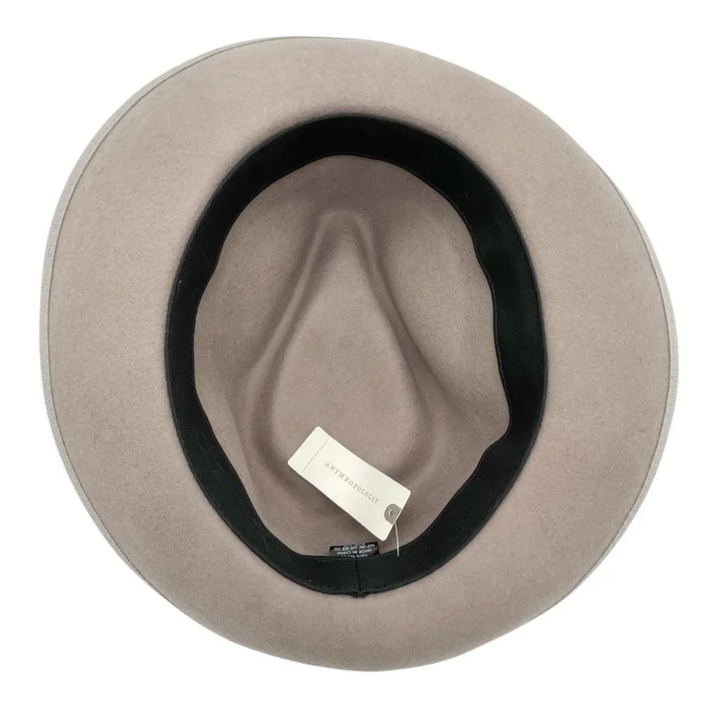 NWT Anthropologie Taupe Wool Fedora Hat Grosgrain Band Wide Brim One Size Womens